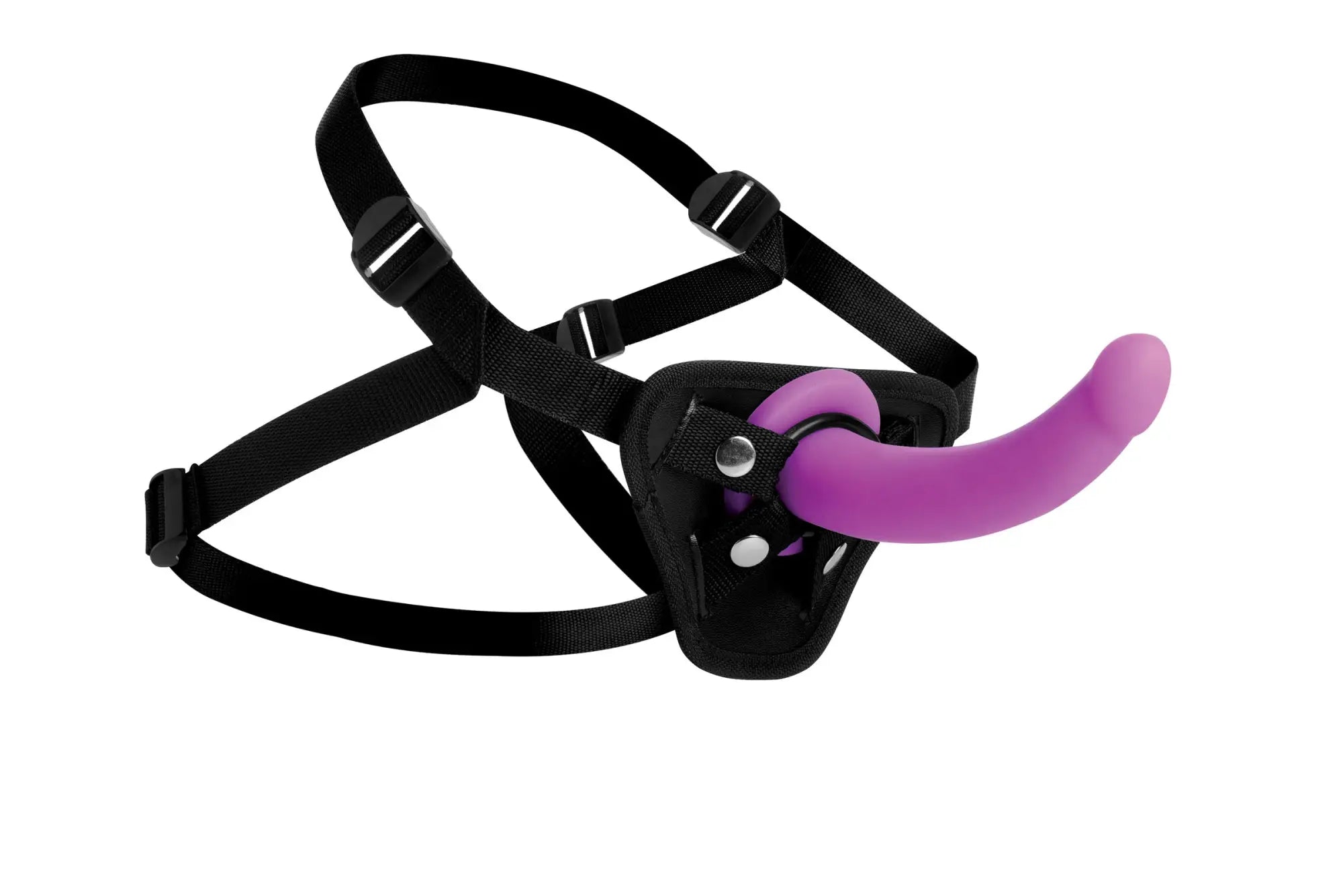 Purple silicone strap on dildo attached to an adjustable black harness with metal clasps for hands-free use
