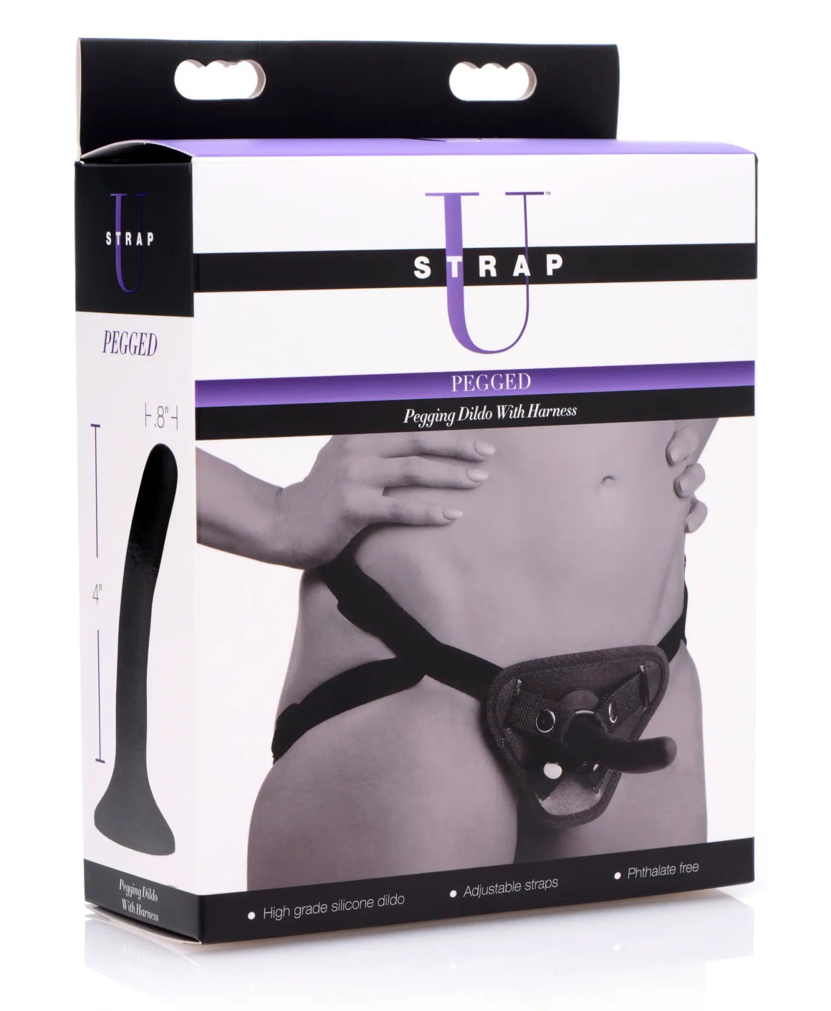 Black silicone pegging dildo with adjustable harness branded u strap labeled pegged in strap u pegging dildo with harness