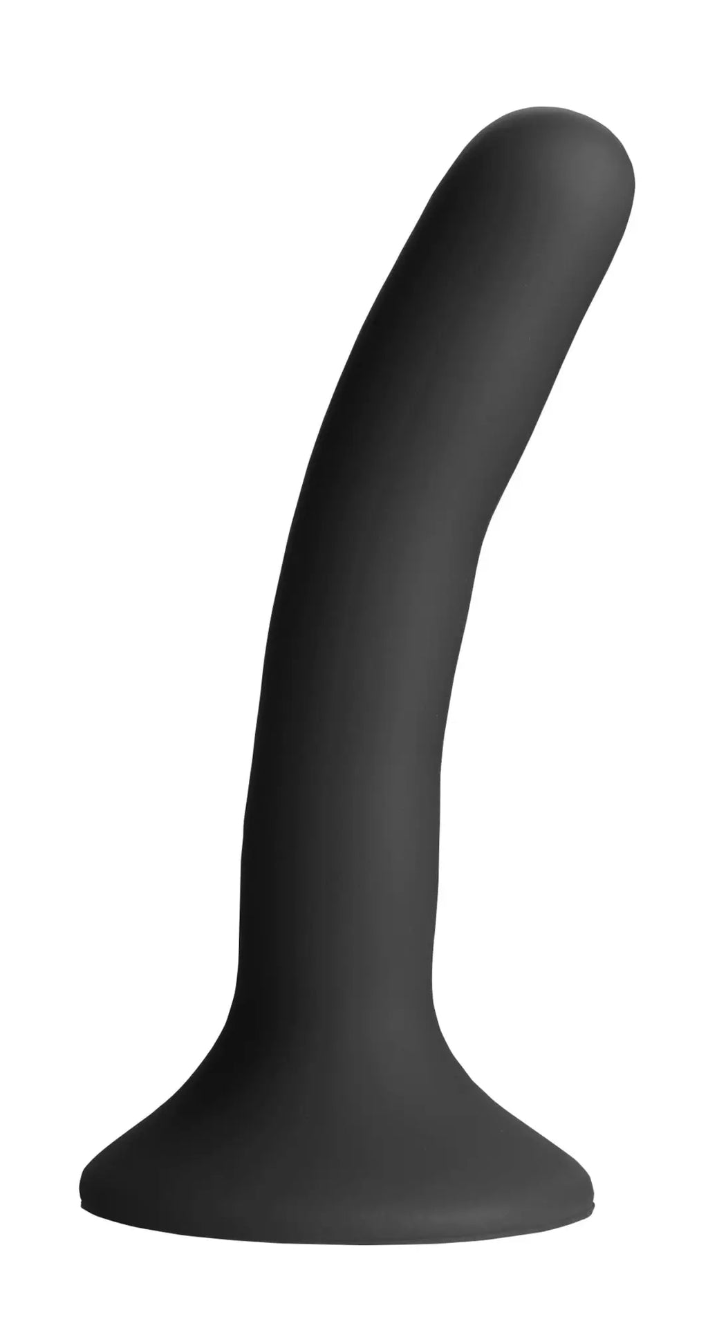 Black silicone Strap U pegging dildo with harness featuring a smooth curved anal plug with rounded base