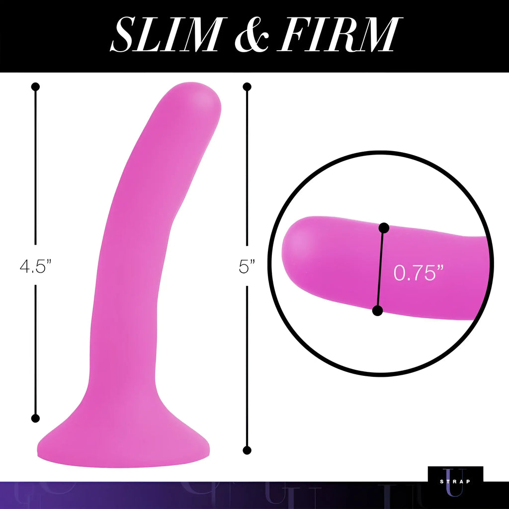 Strap U pink silicone strap-on dildo small with slim firm anal plug design 5 inches long 0.75 inches wide
