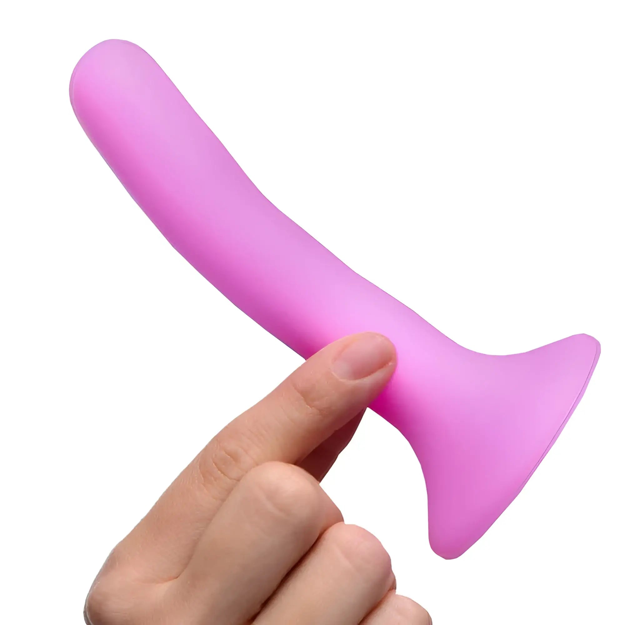 A smooth solid pink silicone anal plug with a flared base from the strap u pink silicone strap-on dildo small collection
