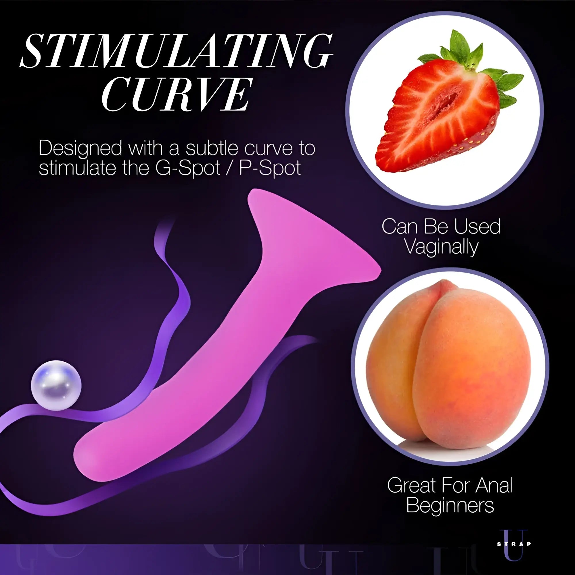 Pink silicone strap on dildo small with subtle curve and pearl like bead at the end for comfortable wear