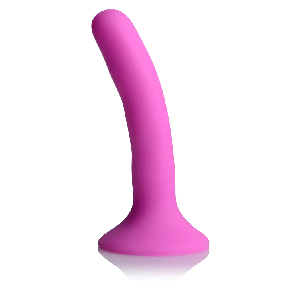 A vibrant pink silicone strap-on dildo small with a curved shape and smooth rounded base for comfortable use