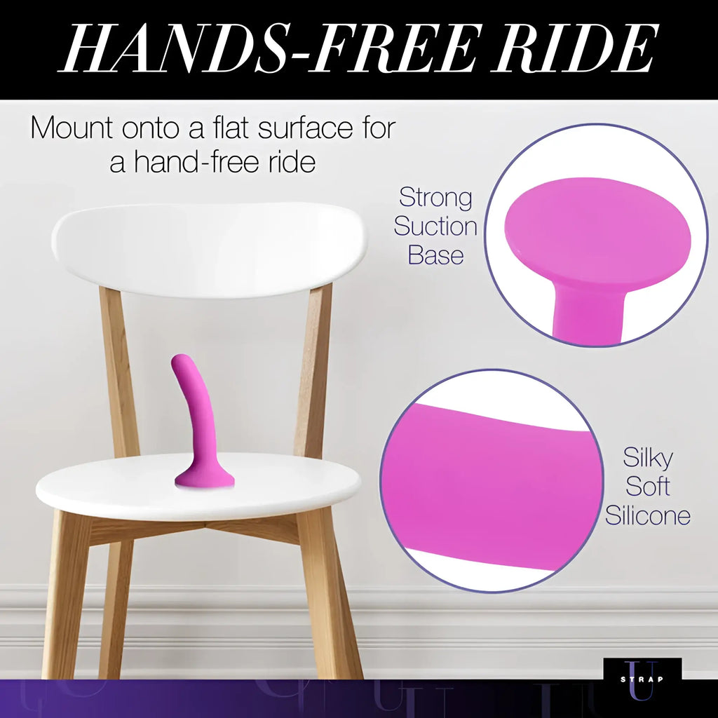 Strap u pink silicone strap-on dildo small with a vibrant pink sleek curved suction mount for hands-free flat surface use