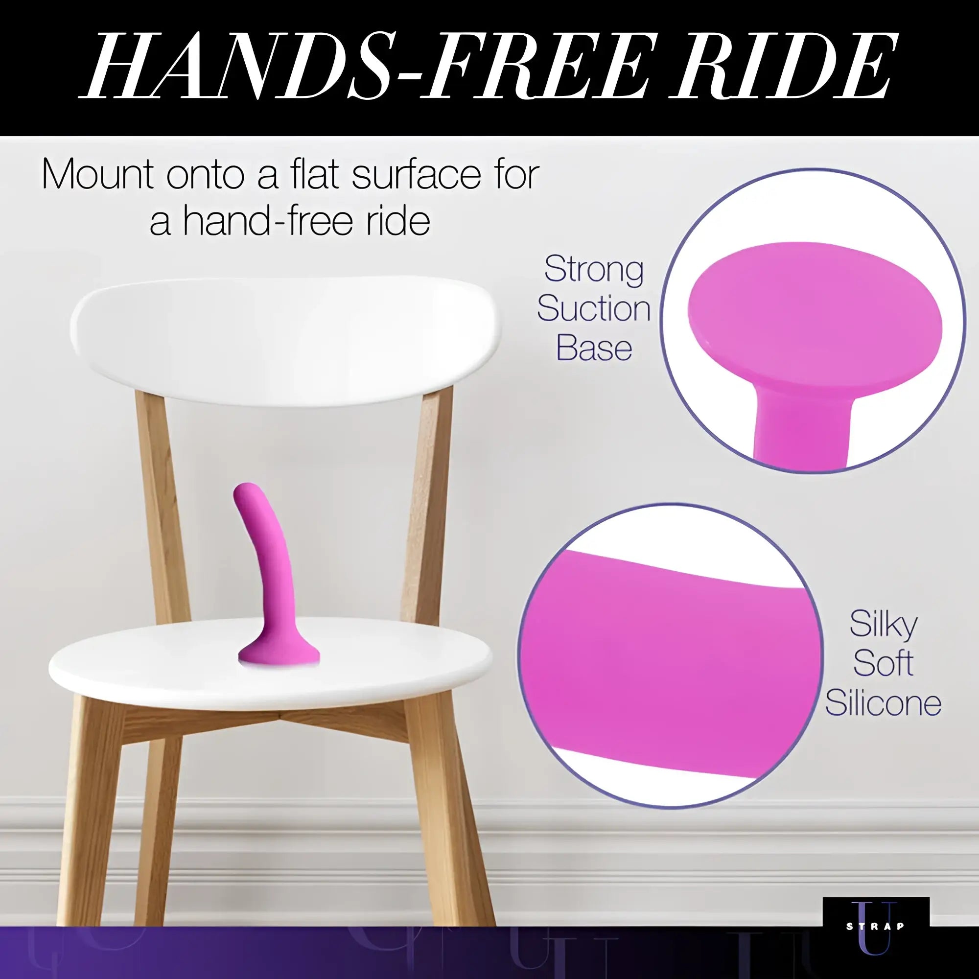 Strap u pink silicone strap-on dildo small with a vibrant pink sleek curved suction mount for hands-free flat surface use