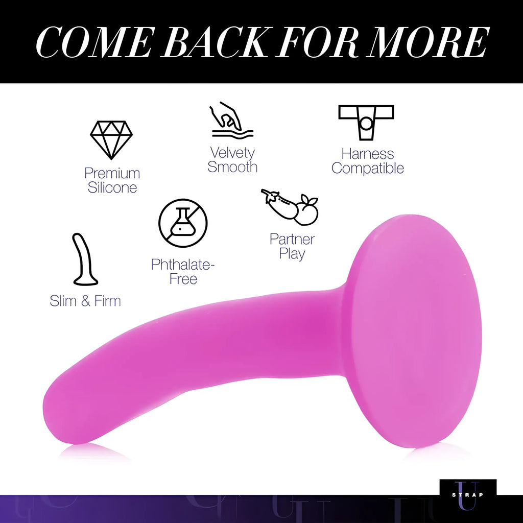 A vibrant pink slim silicone strap-on dildo with a rounded base designed for partner play