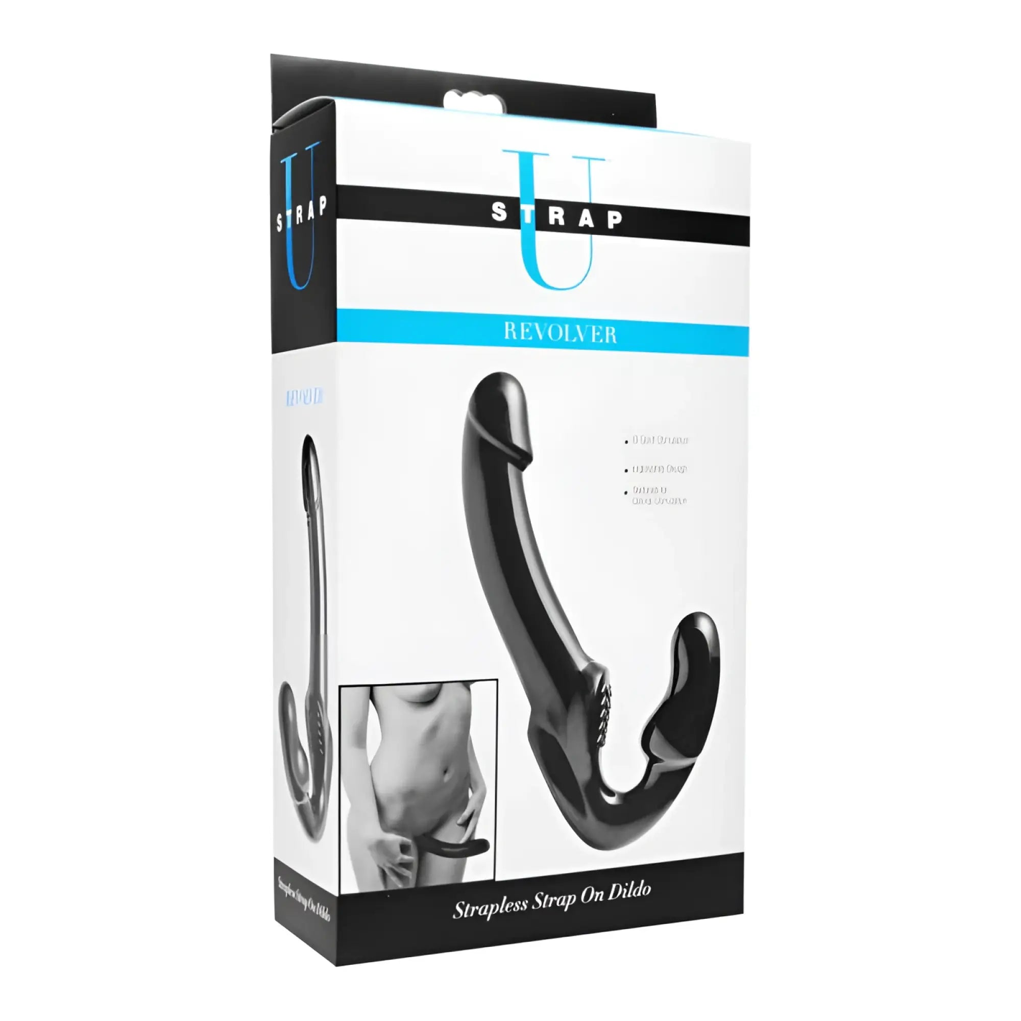 Black u-strap revolver II strapless strap on dildo in sleek glossy plastic packaging for hands-free use