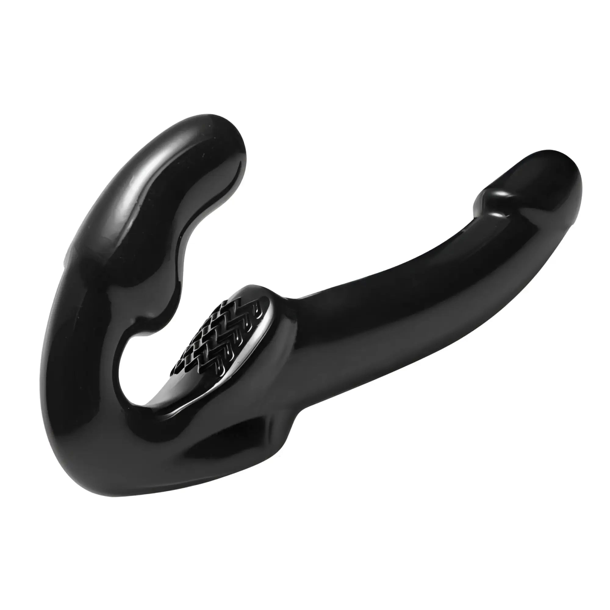 Black glossy silicone dual-headed dildo with textured grip for strapless use strap u revolver ii strap on dildo