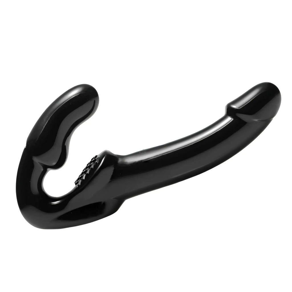 Black glossy silicone dual-headed dildo with textured grip back side for strap u revolver ii strapless strap on use