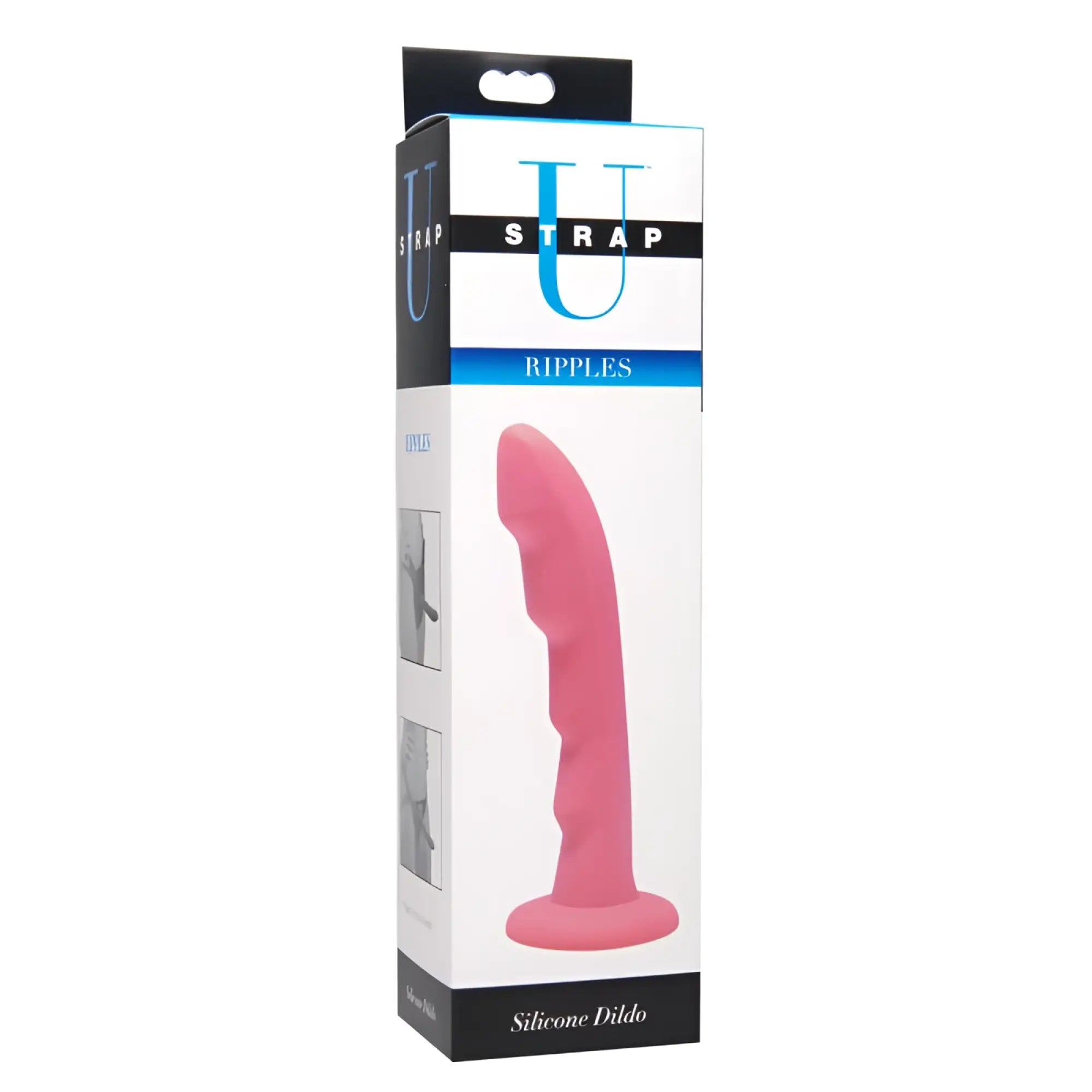 Pink silicone dildo with textured ridged surface and rounded base from strap u ripples silicone dildo collection