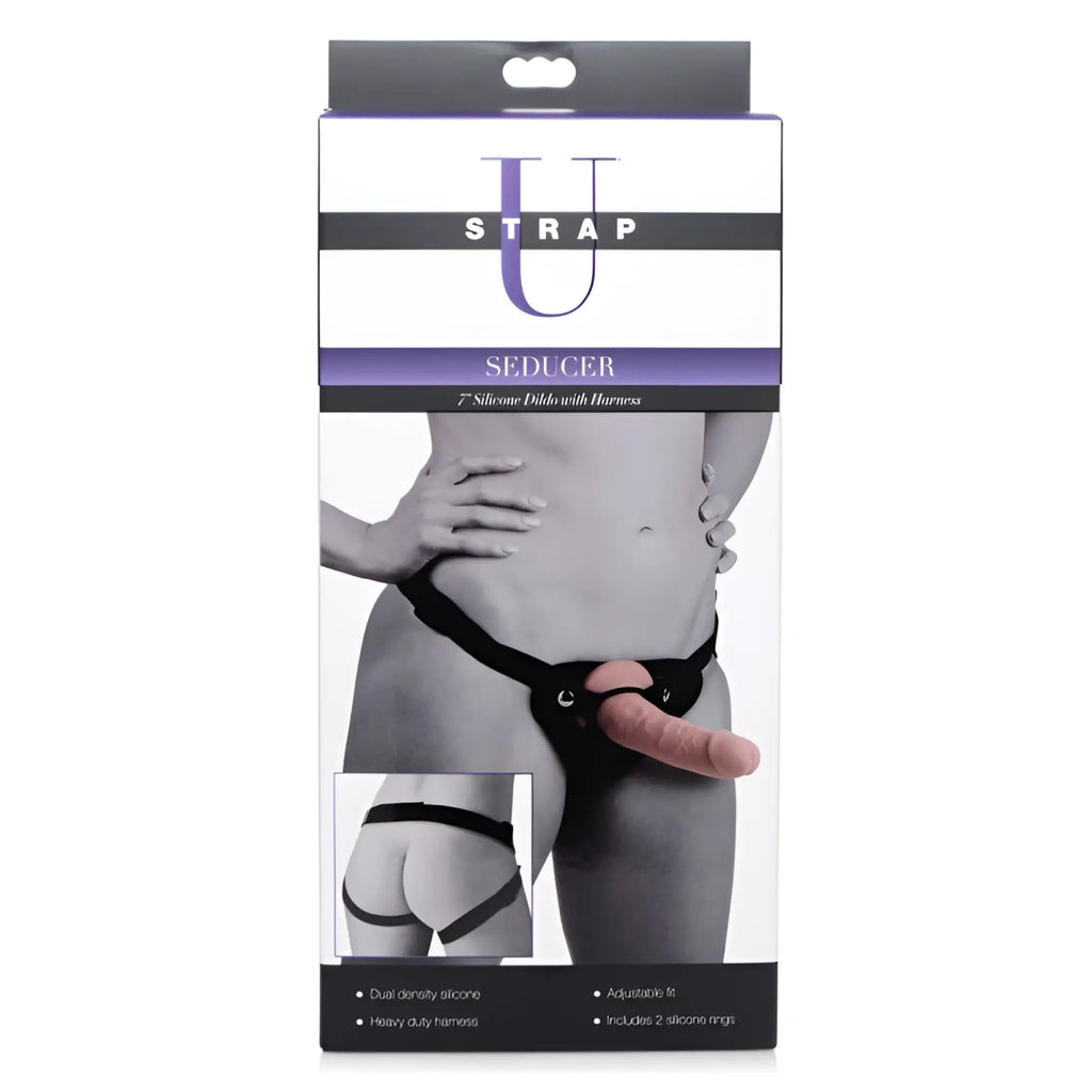 Black silicone dildo with harness model seducer 7 inch by strap u designed for secure and comfortable use