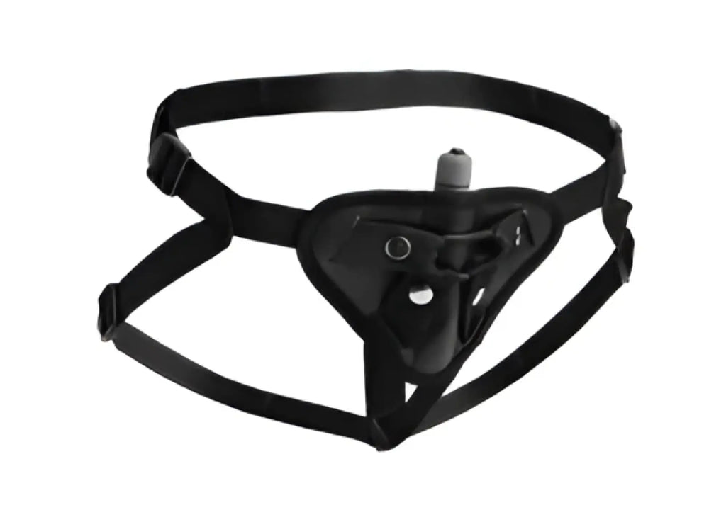Black leather harness with adjustable straps and central attachment for strap u sutra fleece-lined strap on vibrator pouch
