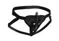 Black leather harness with adjustable straps and central attachment for strap u sutra fleece-lined strap on vibrator pouch