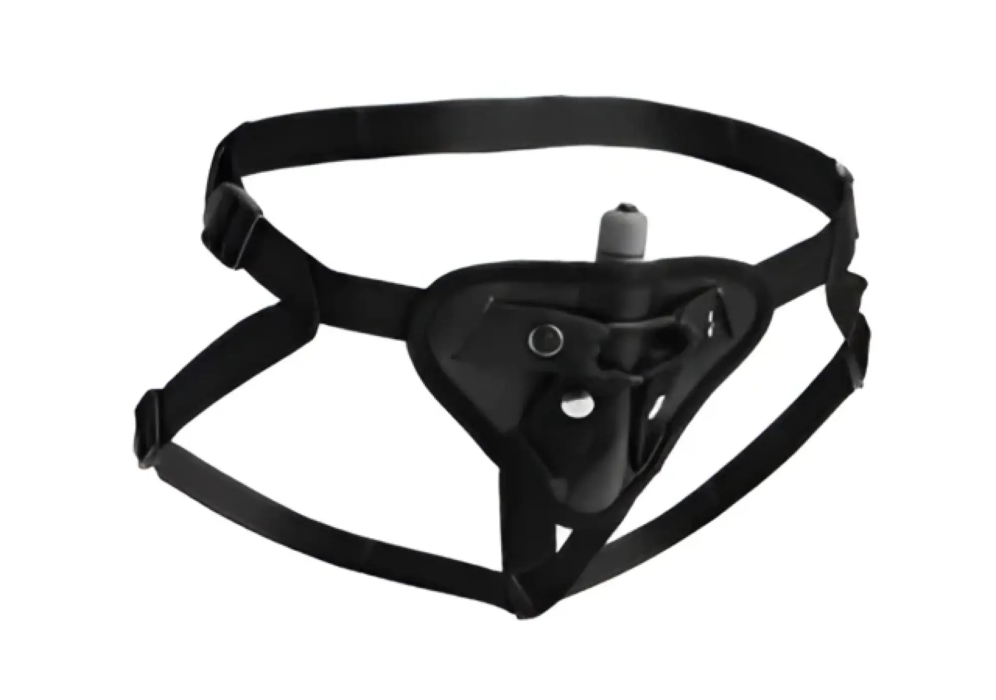 Black leather harness with adjustable straps and central attachment for strap u sutra fleece-lined strap on vibrator pouch