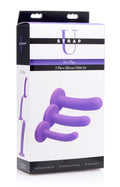 Purple silicone dildo set in a branded box from strap u featuring three tri-play pieces for versatile use