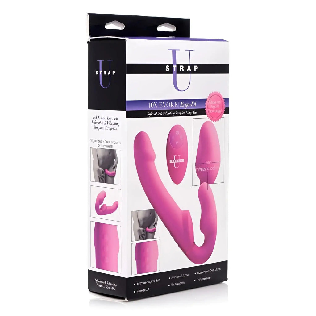 Pink inflatable and vibrating strap-on toy in premium silicone u strap 10x evoke ergo-fit by strap u