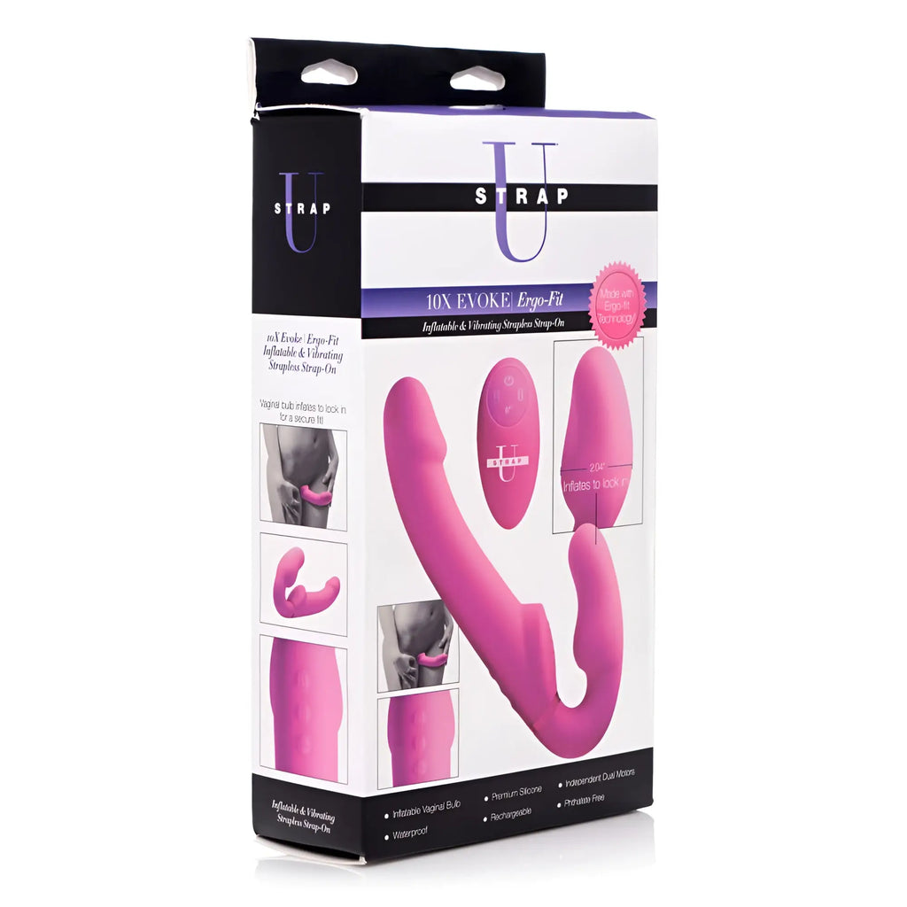 Pink inflatable and vibrating strap-on toy in premium silicone u strap 10x evoke ergo-fit by strap u