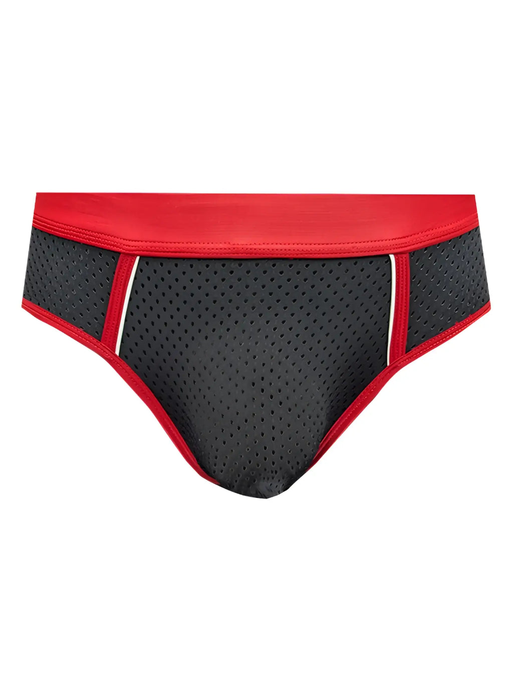 Black stretch mesh briefs with red trim and white piping highlighting breathable lightweight design