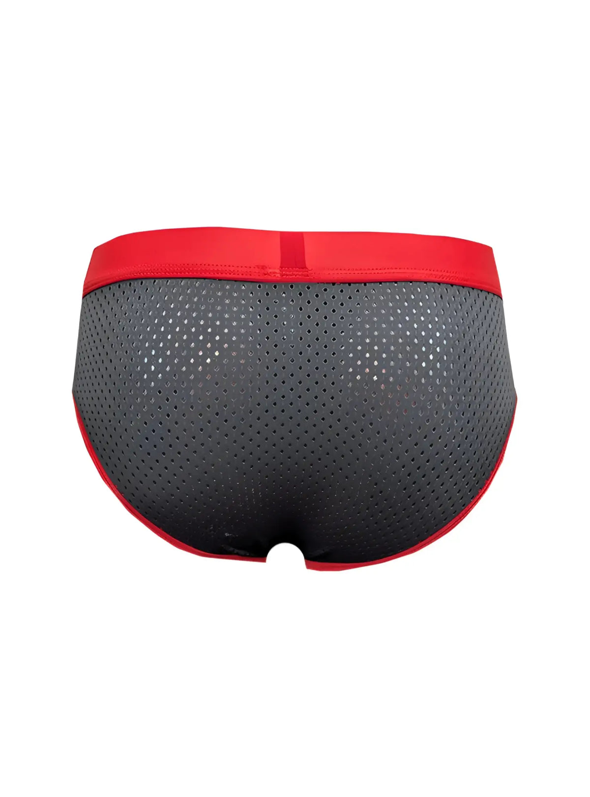 Black stretch mesh briefs with red waistband and trim designed for comfortable everyday wear