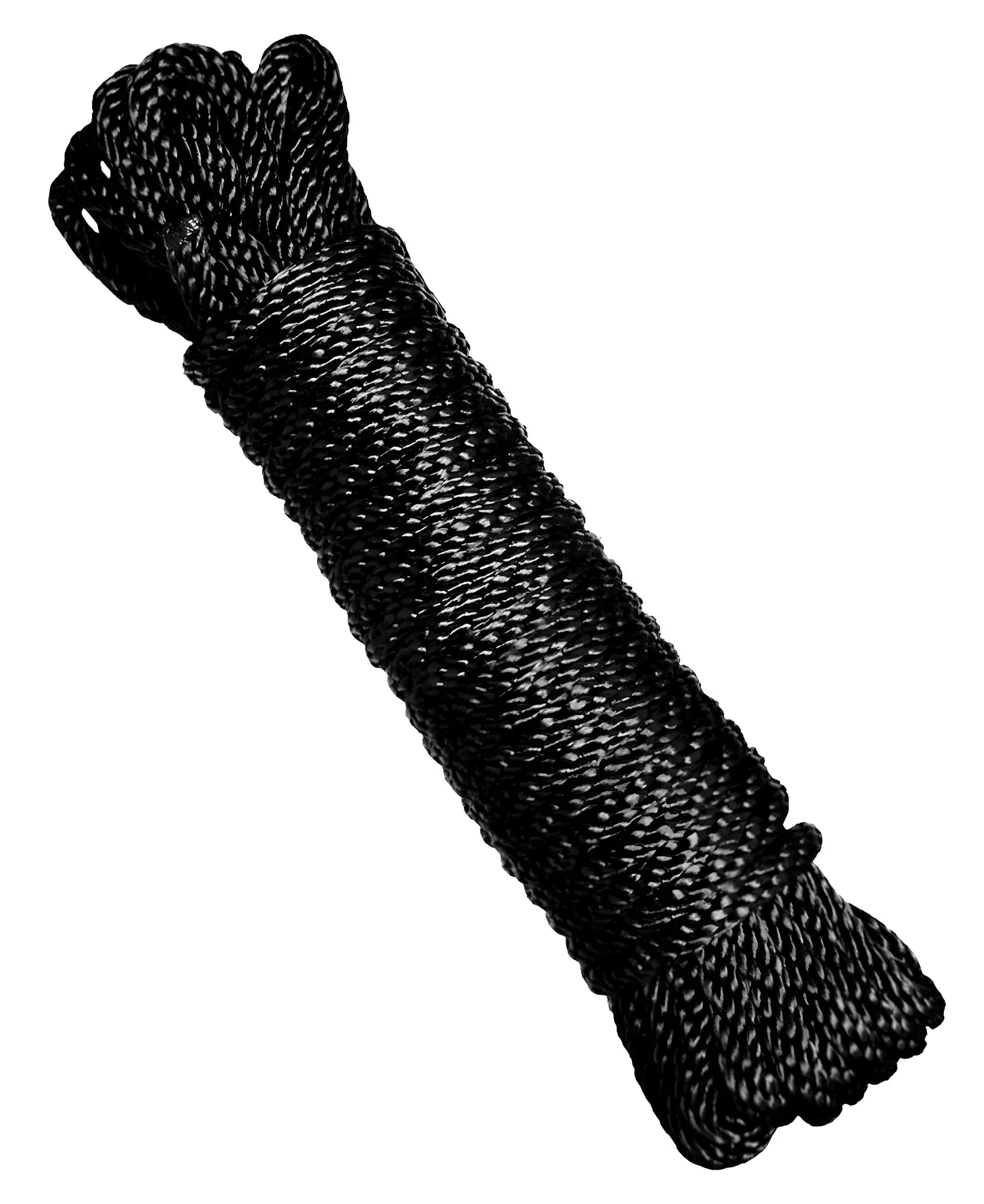 Black braided rope tightly coiled with a woven pattern 30 ft strict bondage rope for secure restraint use