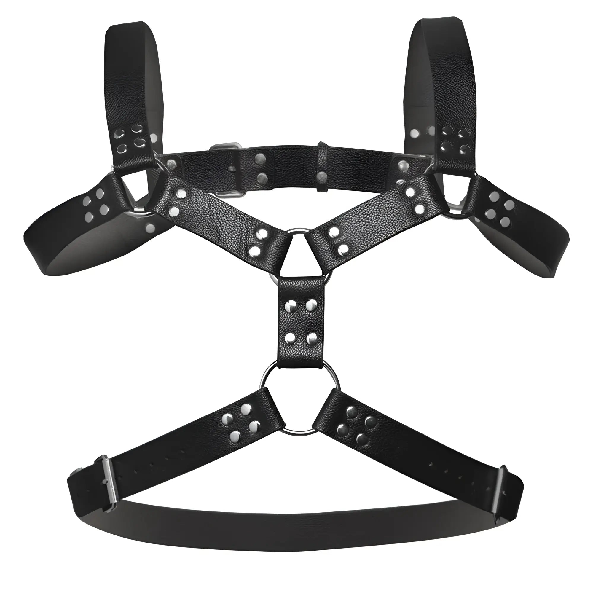 Black leather chest harness with six silver o-rings and metal studs for adjustable fit and edgy style