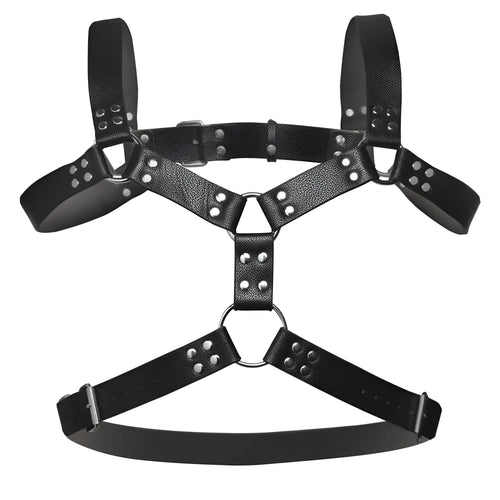 Black leather chest harness with six silver o-rings and metal studs for adjustable fit and edgy style