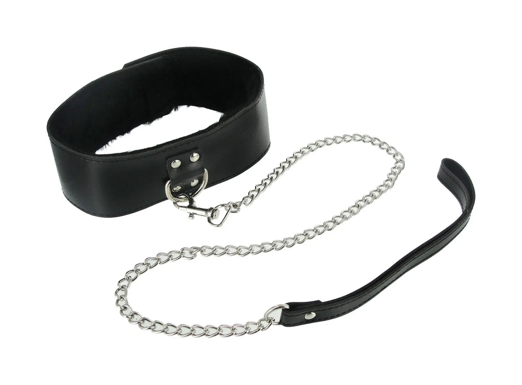 Black leather collar with silver chain and matching leash from strict 7 pc bondage adventure set