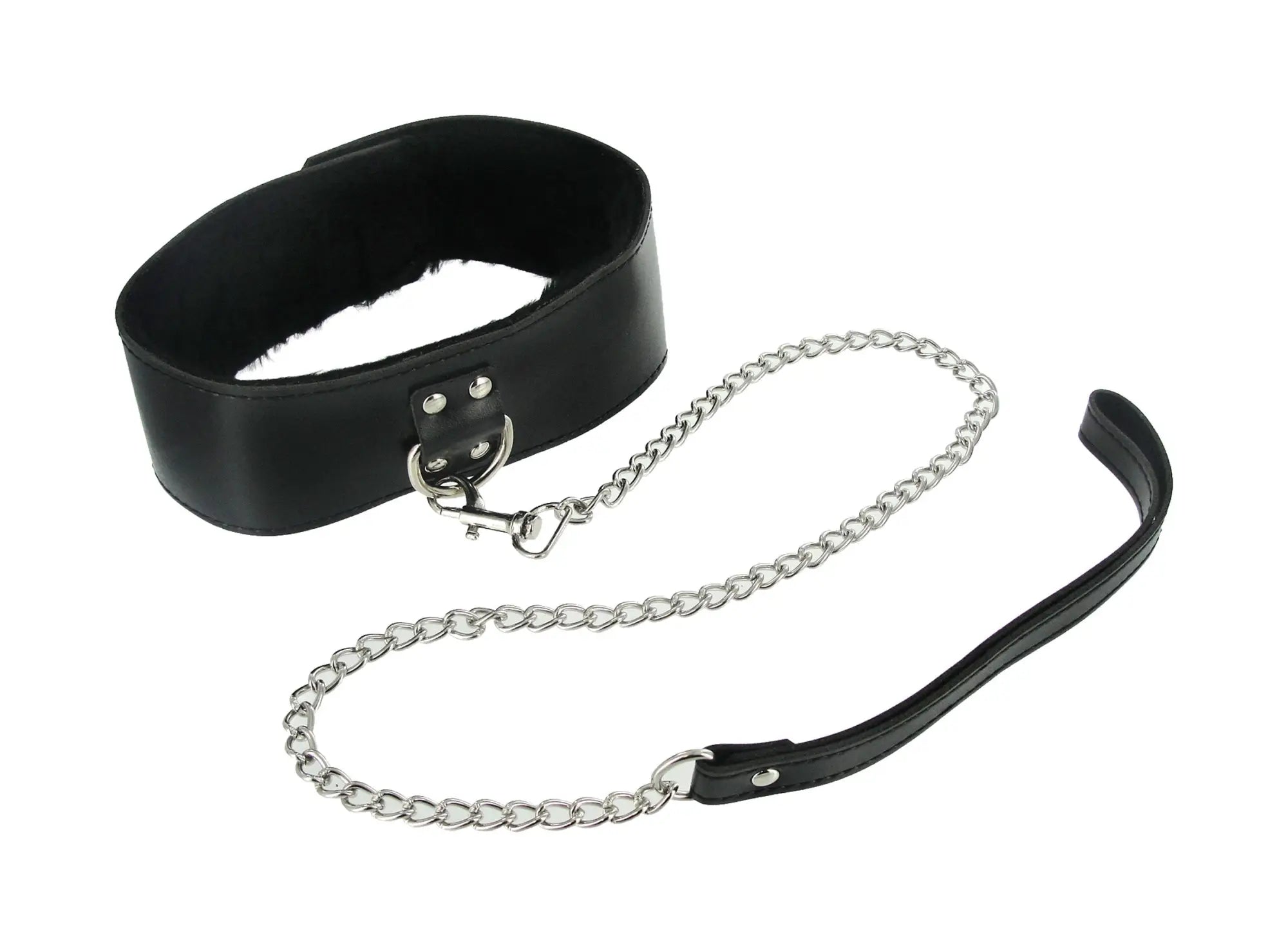 Black leather collar with silver chain and matching leash from strict 7 pc bondage adventure set