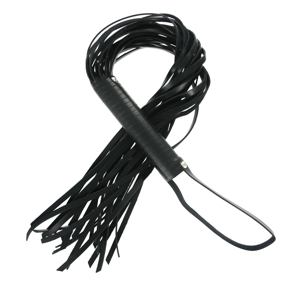 Black leather flogger with textured grip and looped handle from strict 7 pc bondage adventure set