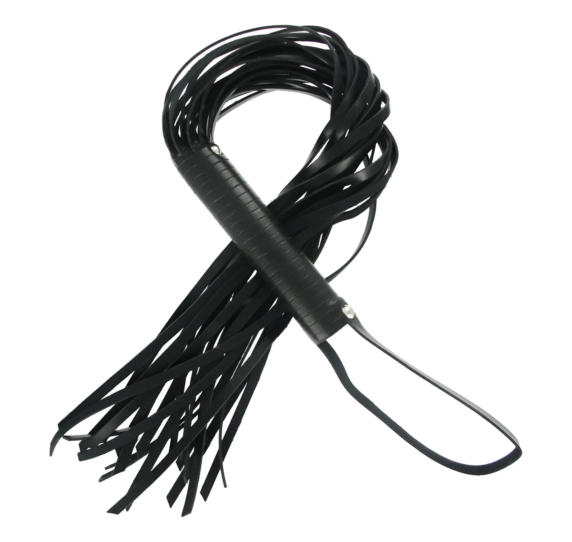 Black leather flogger with textured grip and looped handle from strict 7 pc bondage adventure set