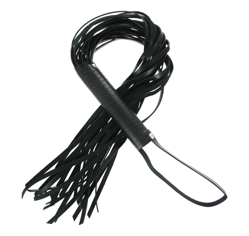 Black leather flogger with textured grip and looped handle from strict 7 pc bondage adventure set