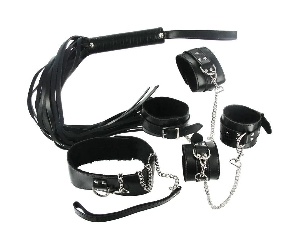 Black leather bondage set with silver chains and metal hardware featuring seven pieces for strict adventure play