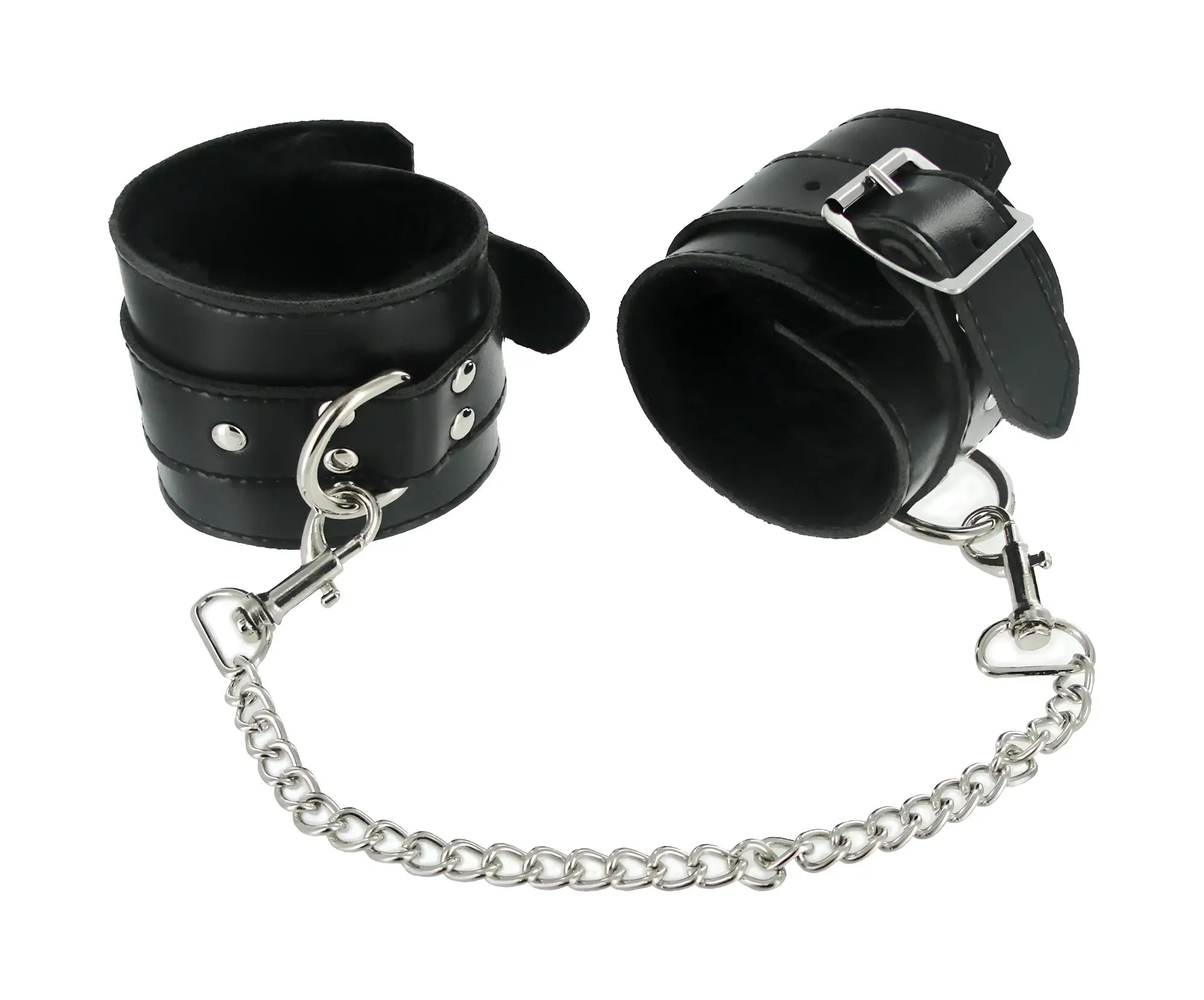 Black leather wrist cuffs with silver metal buckles and chain from the strict 7 pc bondage adventure set