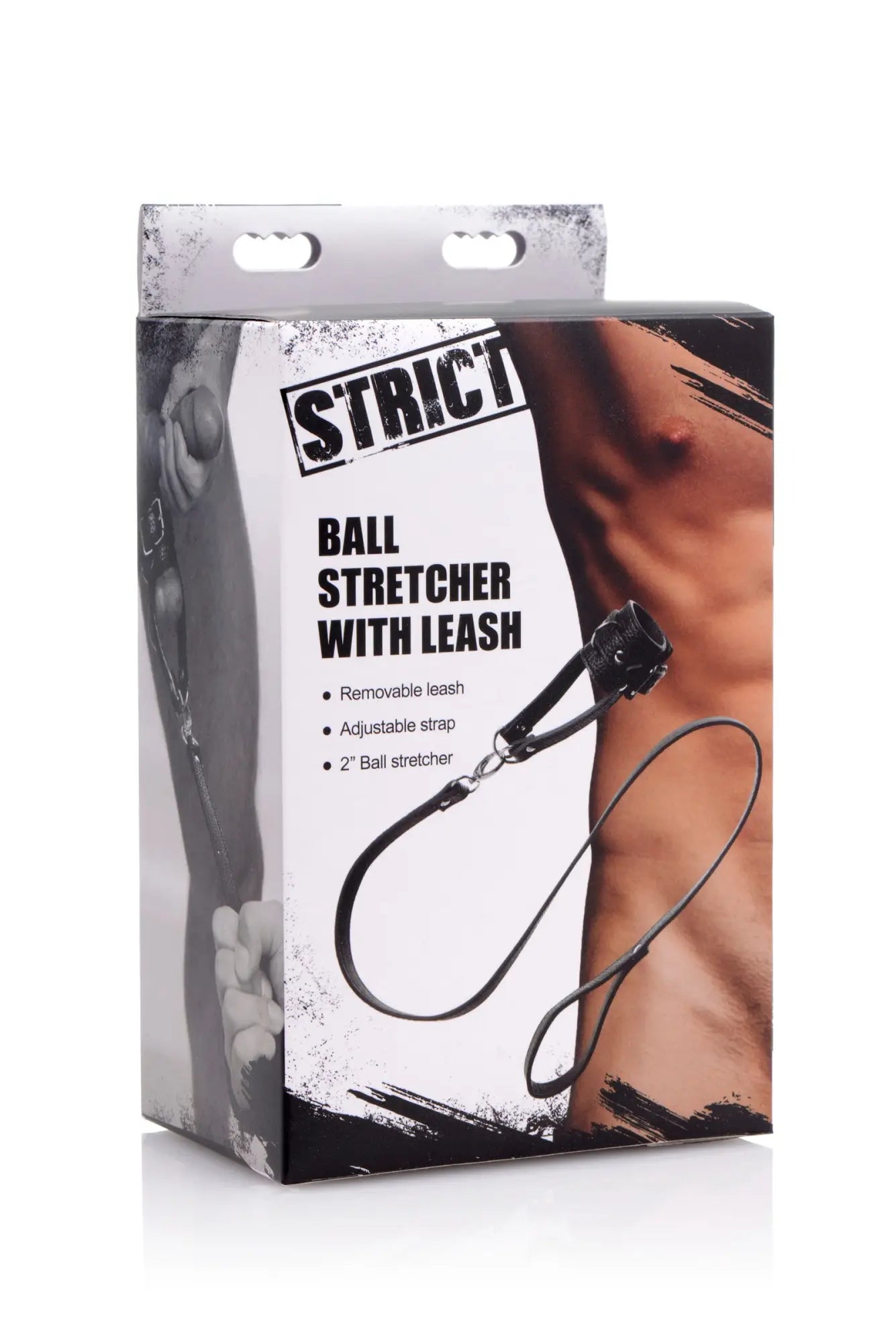Black leather ball stretcher with leash featuring adjustable strap and 2 inch ball for secure fit