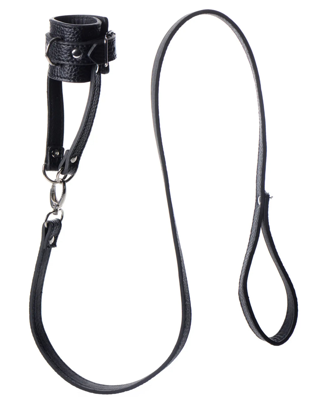 Black leather strict strict ball stretcher wrist cuff with metal hardware and attached leash for secure restraint