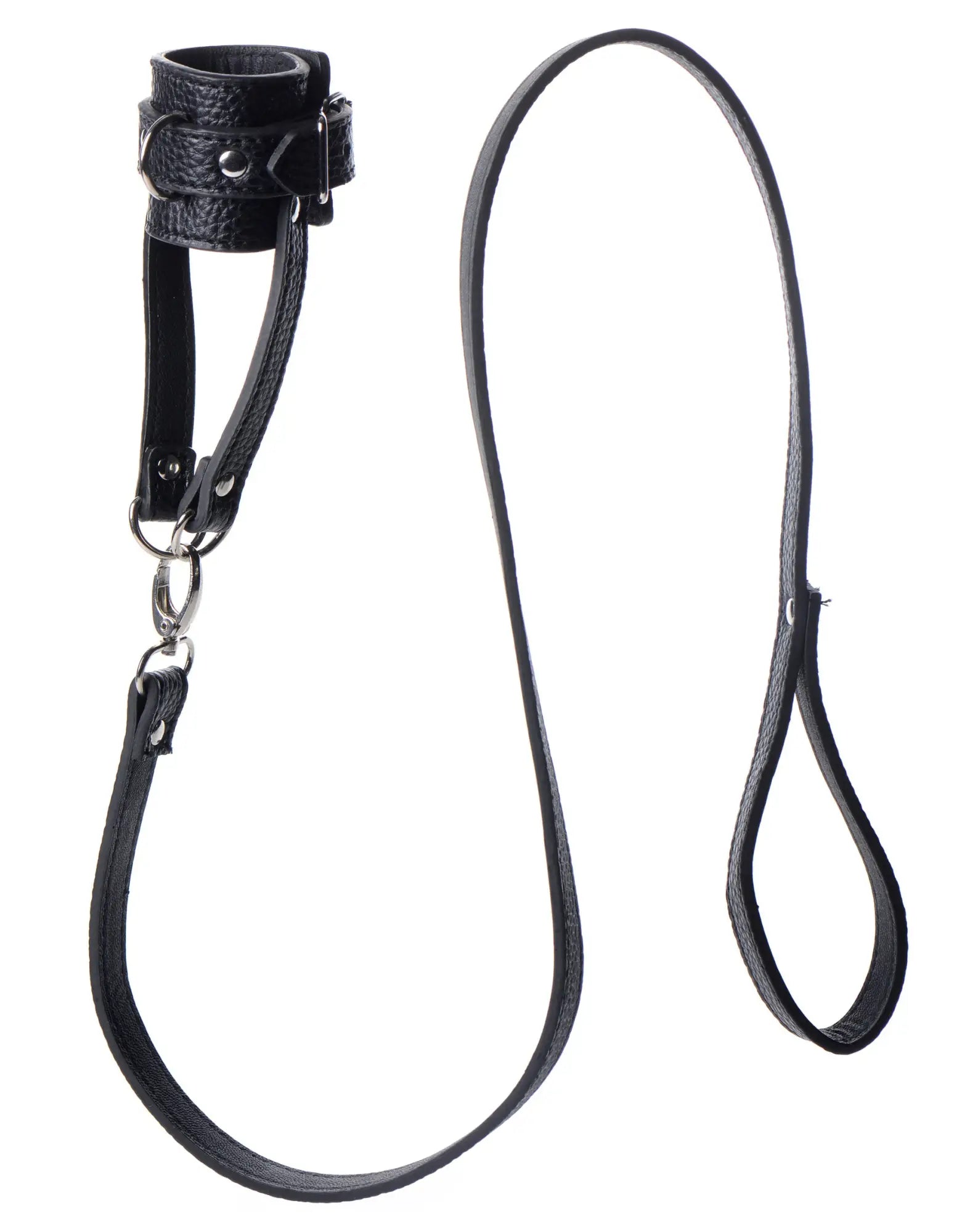 Black leather strict strict ball stretcher wrist cuff with metal hardware and attached leash for secure restraint