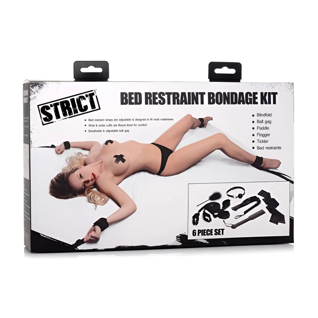 Black strict bed restraint bondage kit in white and black box packaging for secure restraint play