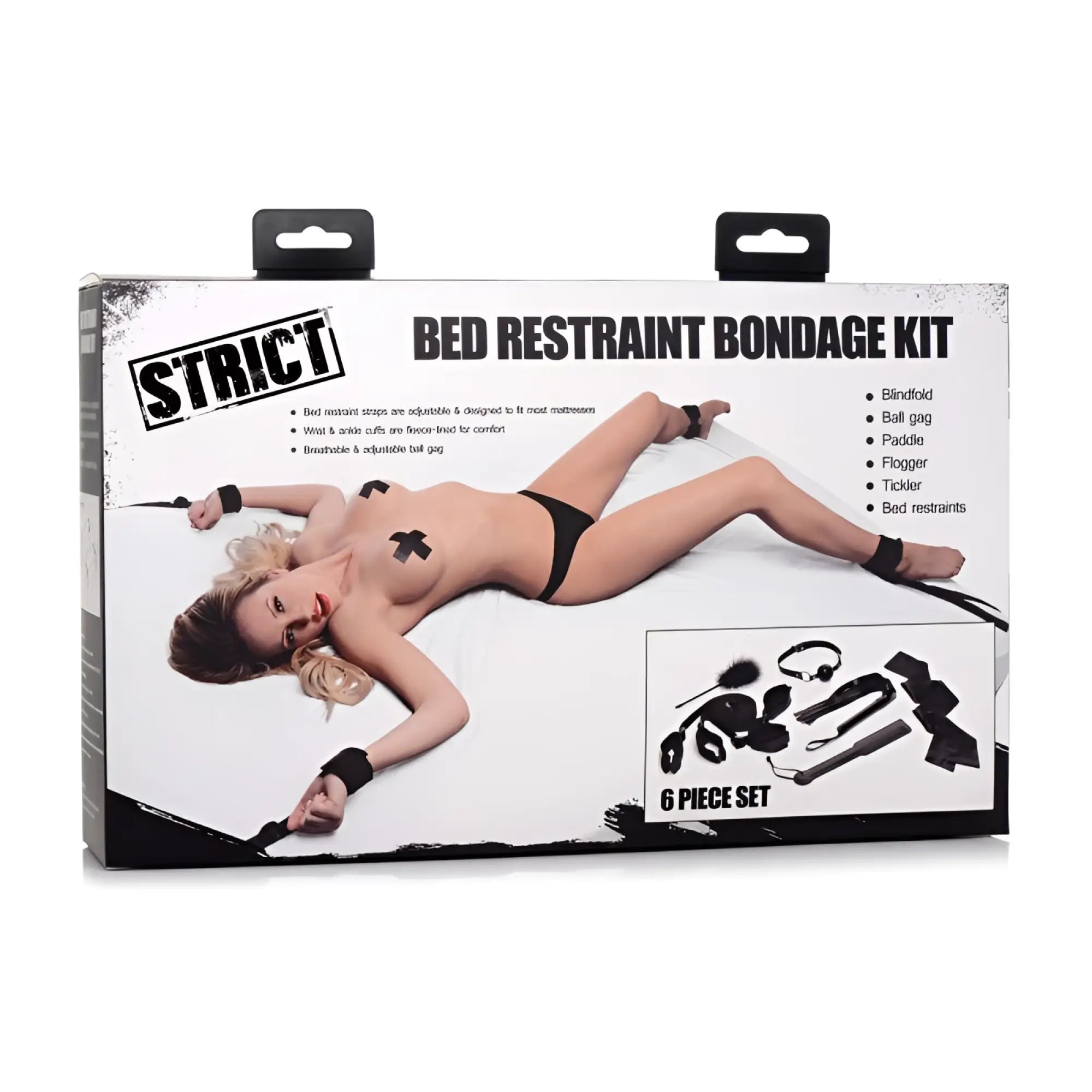Black strict bed restraint bondage kit in white and black box packaging for secure restraint play