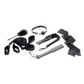 Black leather bondage kit with assorted restraints whip and accessories for strict bed restraint play