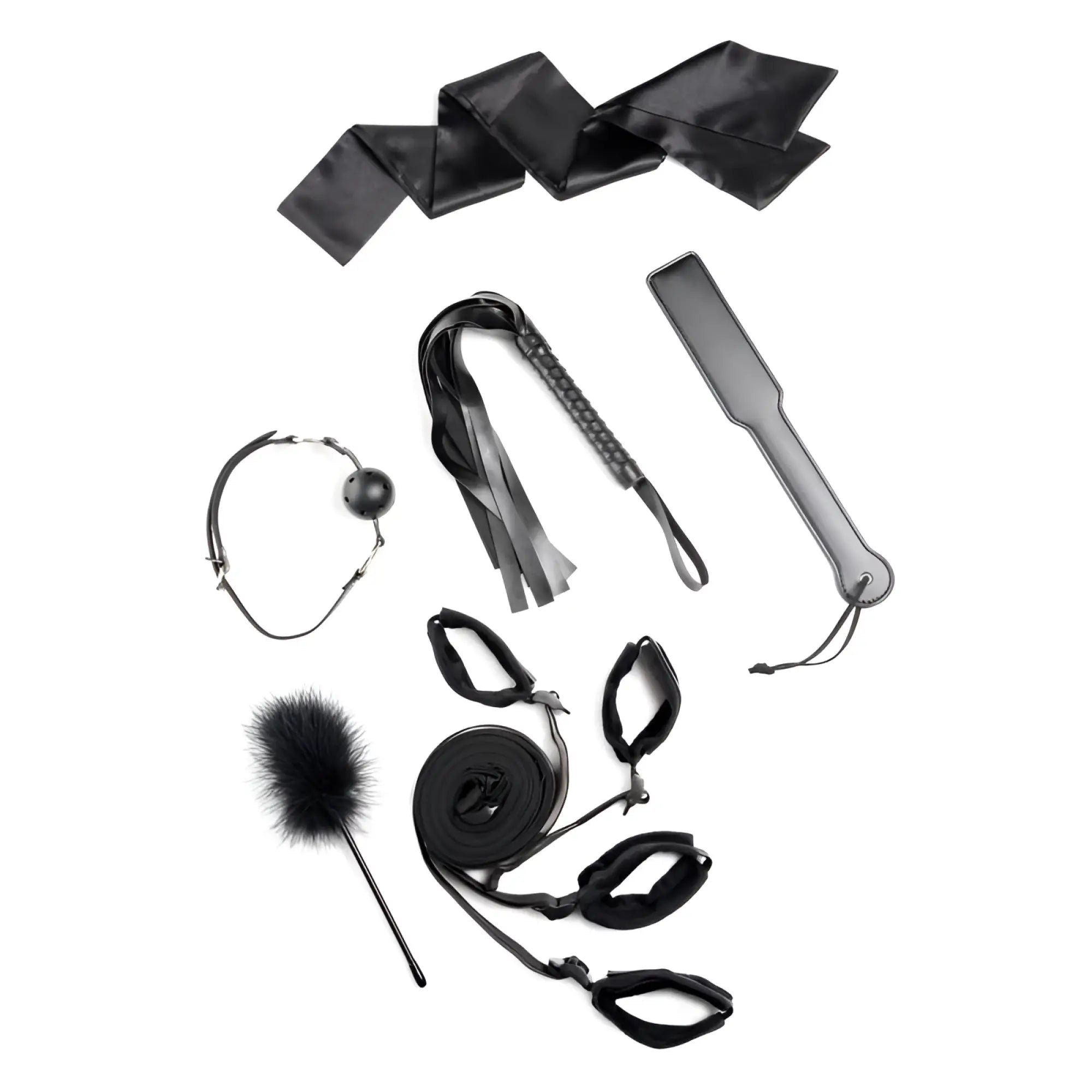 Black satin ribbon with smooth glossy finish and neatly folded edges in strict bed restraint bondage kit black