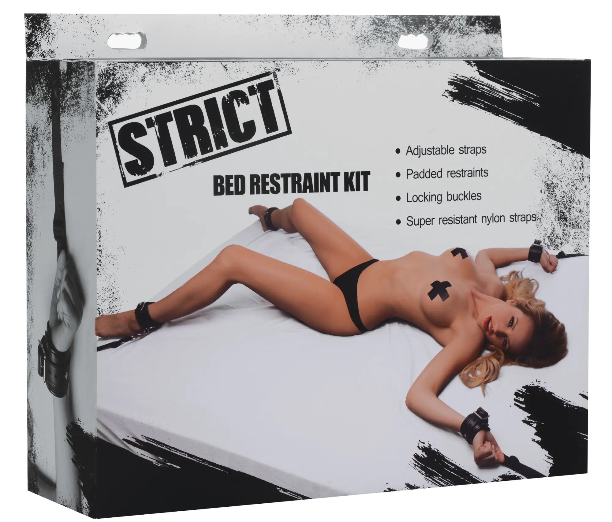 Black leather strict bed restraint kit with adjustable straps and locking buckles for secure fastening