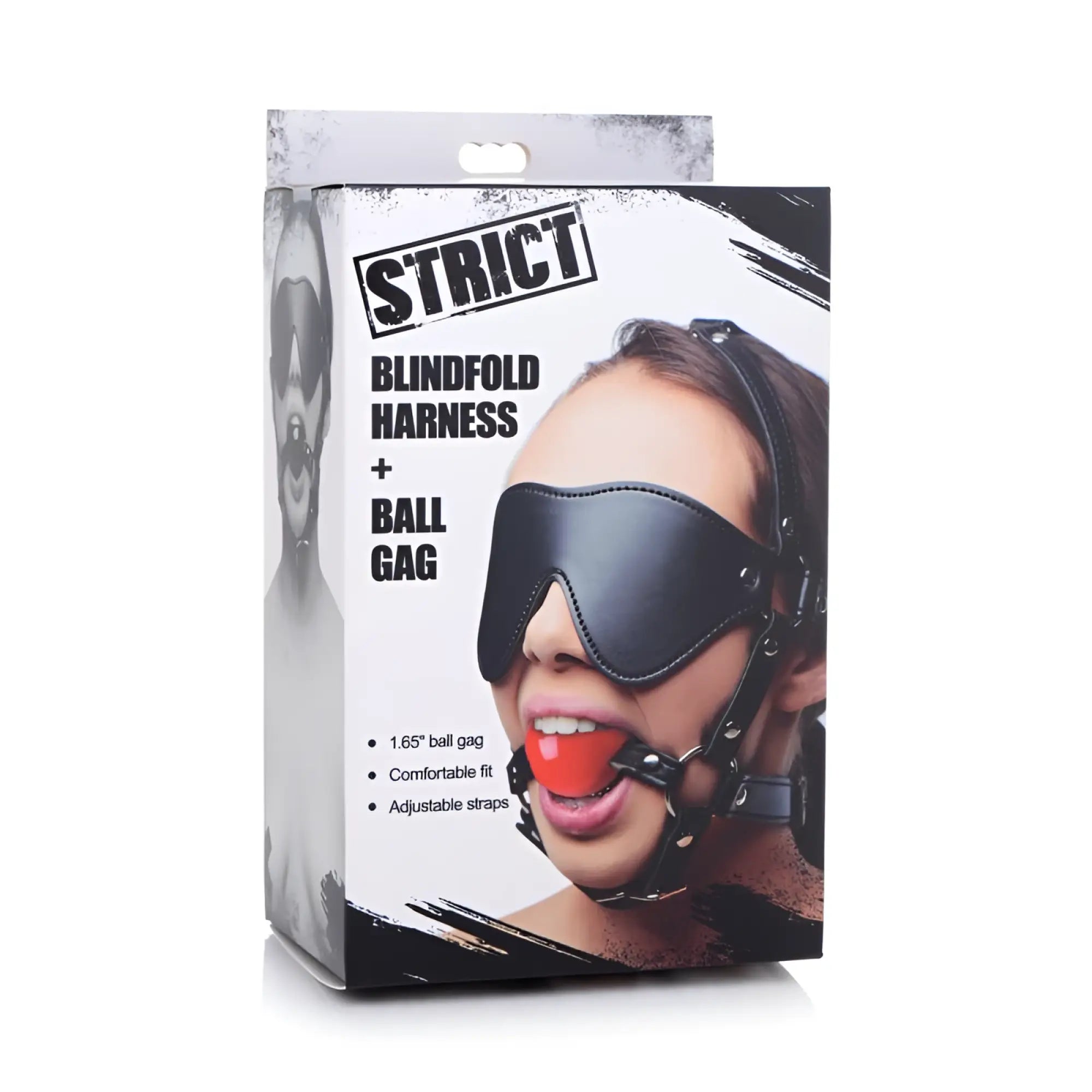 Black leather blindfold harness with red ball gag set packaged for restraint and sensory play use