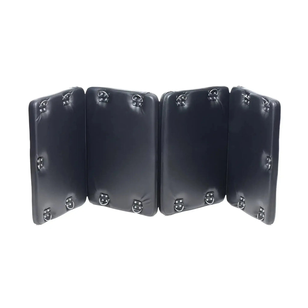 Black leather folding strict bondage board xl with silver-toned metal buckles designed for restraint use