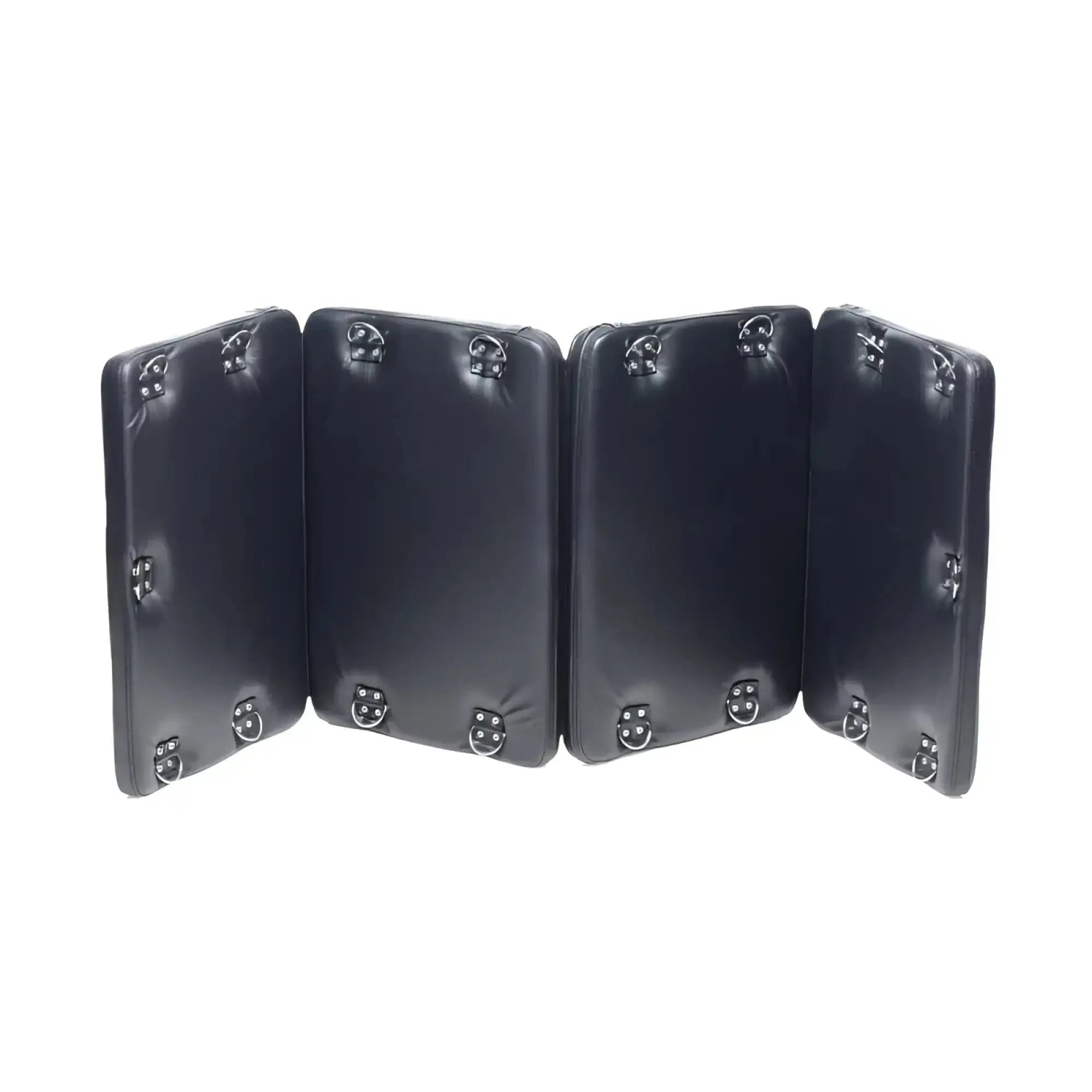 Black leather folding strict bondage board xl with silver-toned metal buckles designed for restraint use