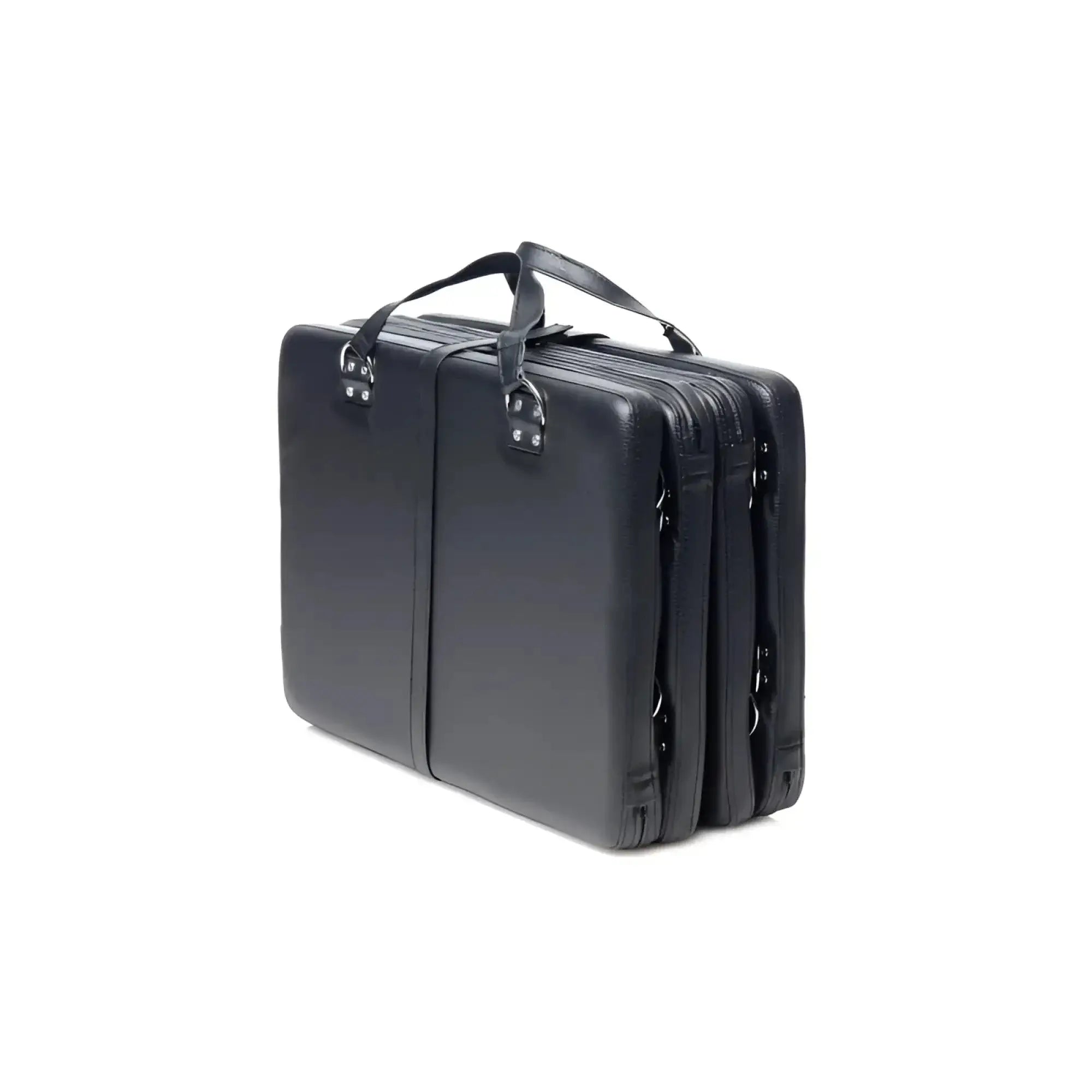 Black leather briefcase with textured surface and dual zippers from strict bondage board black xl collection