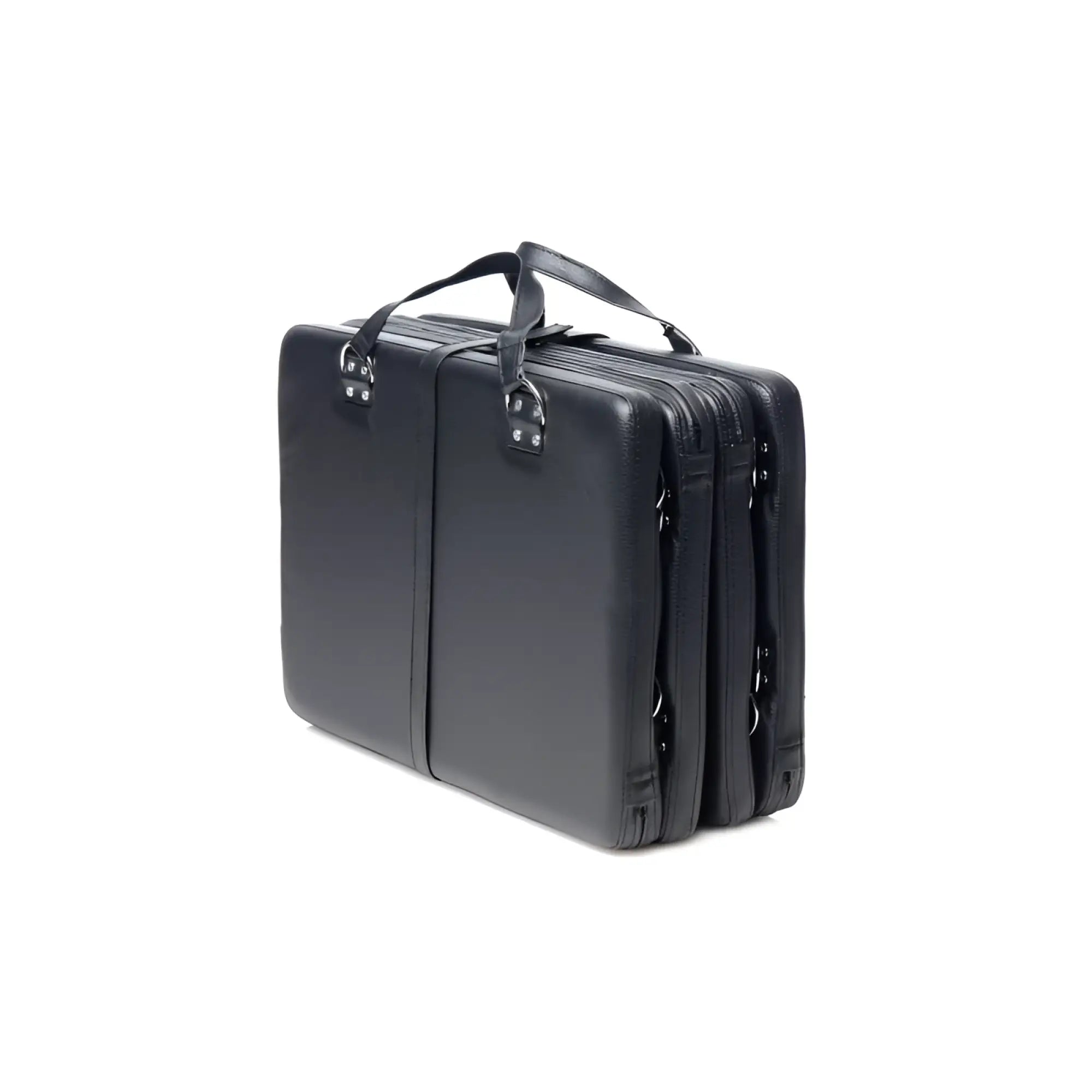 Black leather briefcase with textured surface and dual zippers from strict bondage board black xl collection