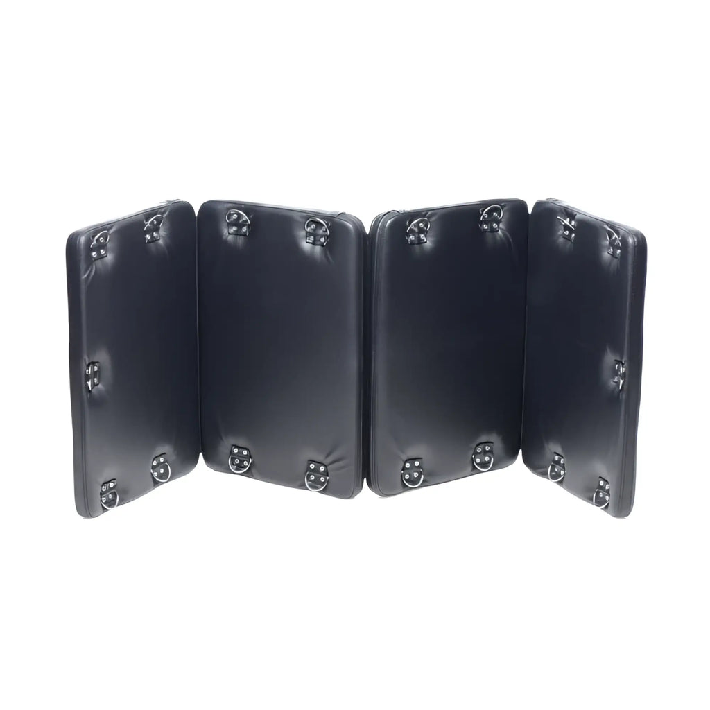Black leather folding strict bondage board xl with silver-toned metal buckles designed for restraint use