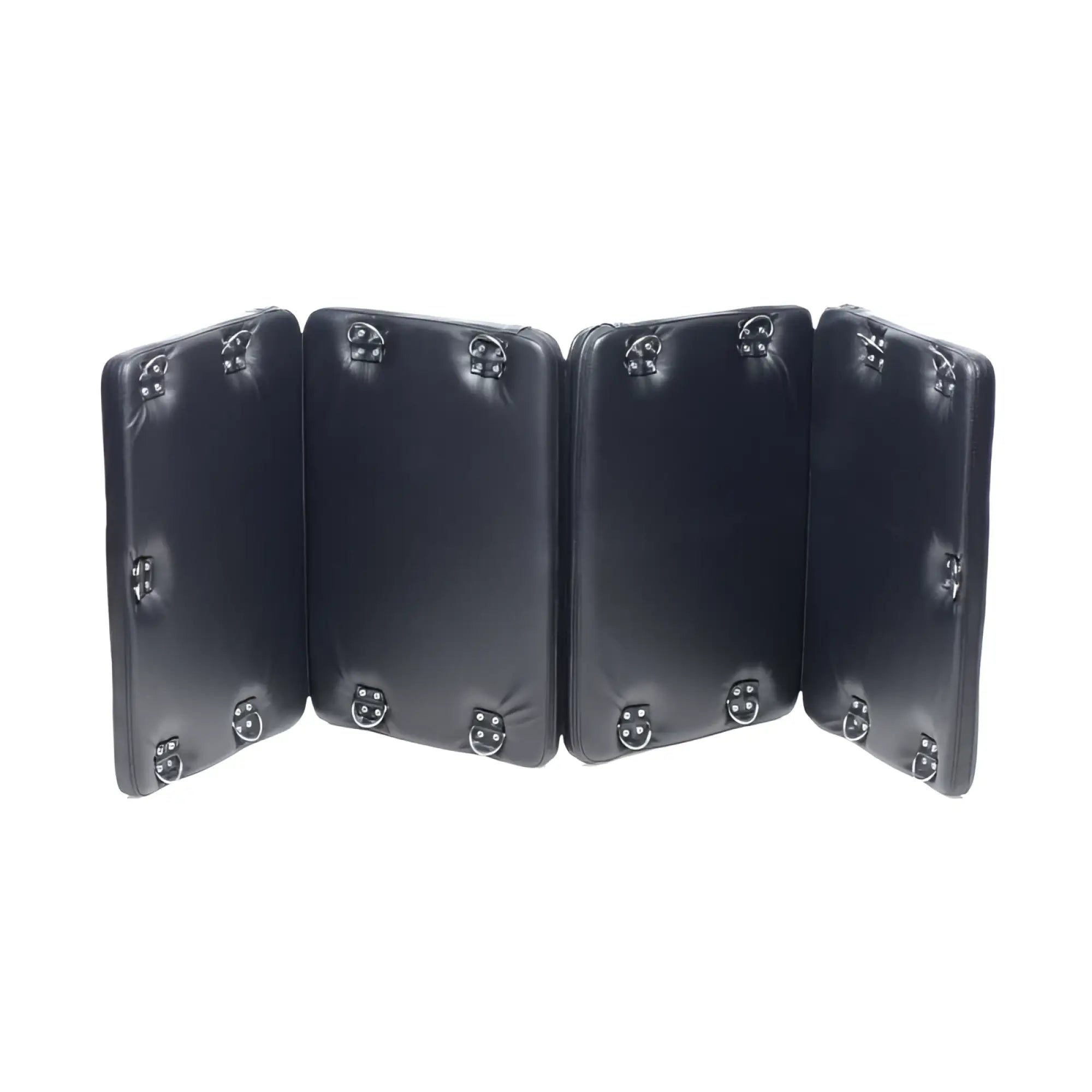 Black leather folding strict bondage board xl with silver-toned metal buckles designed for restraint use