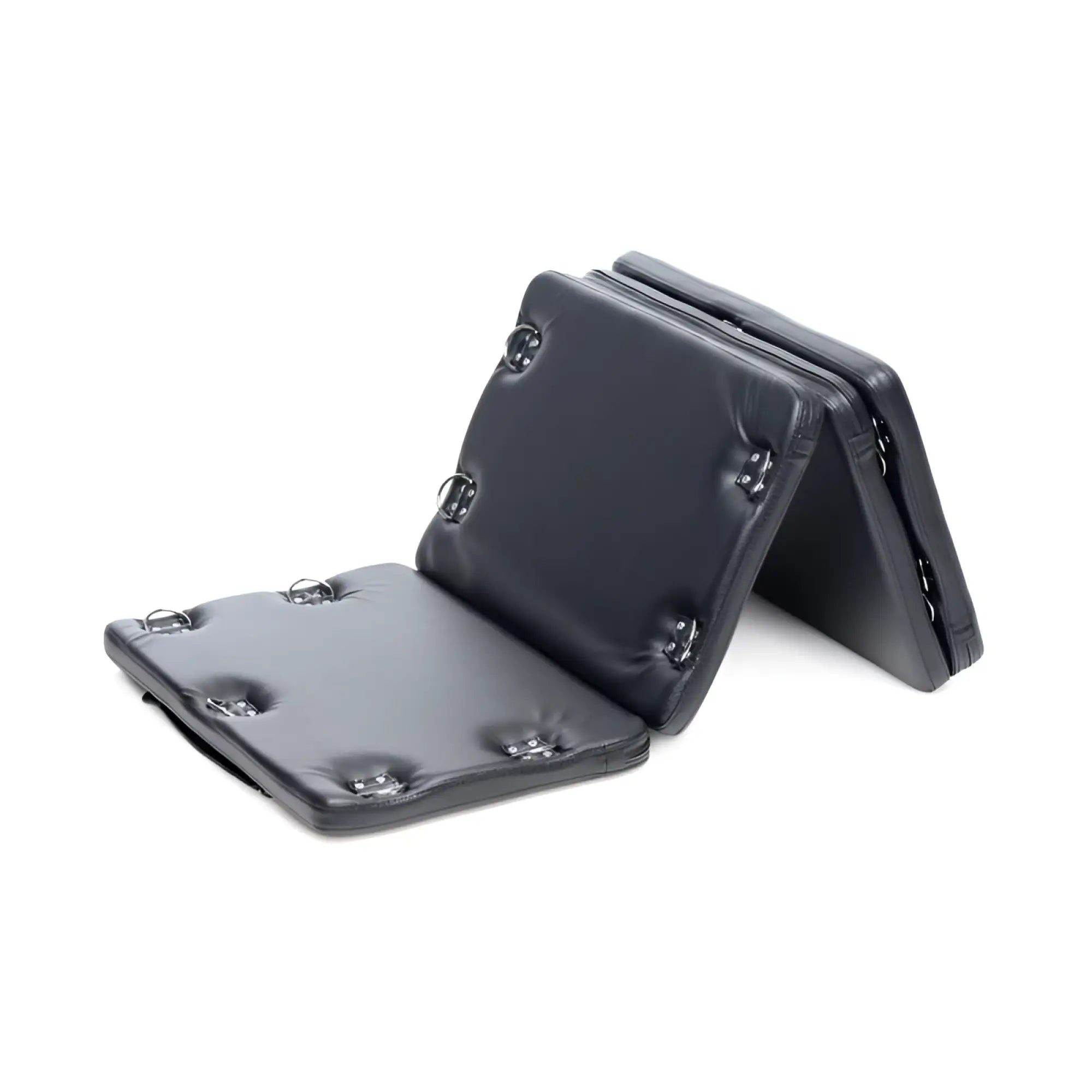 Black leather folding restraint pad with metal d-rings and reinforced stitching for strict bondage board black xl
