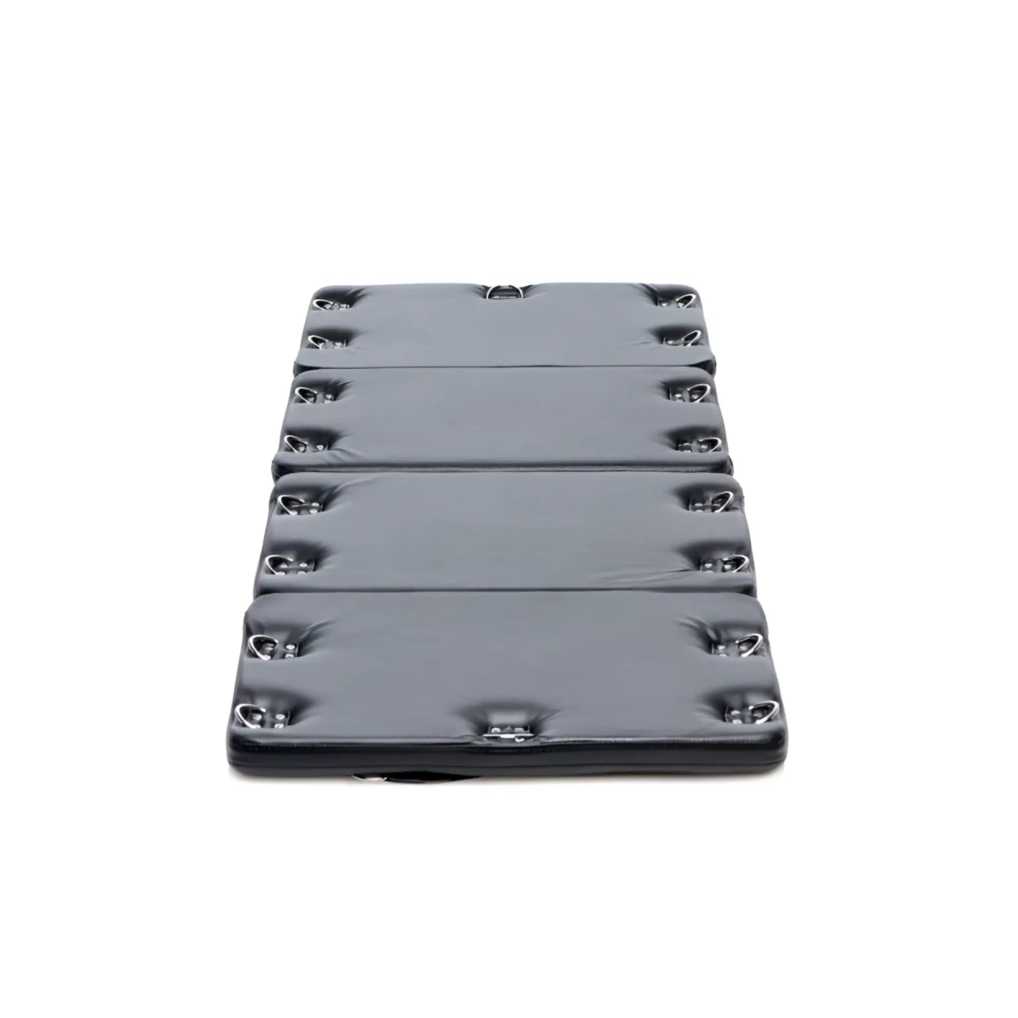 Black padded folding mat with silver metal d rings along edges for strict bondage board black xl use